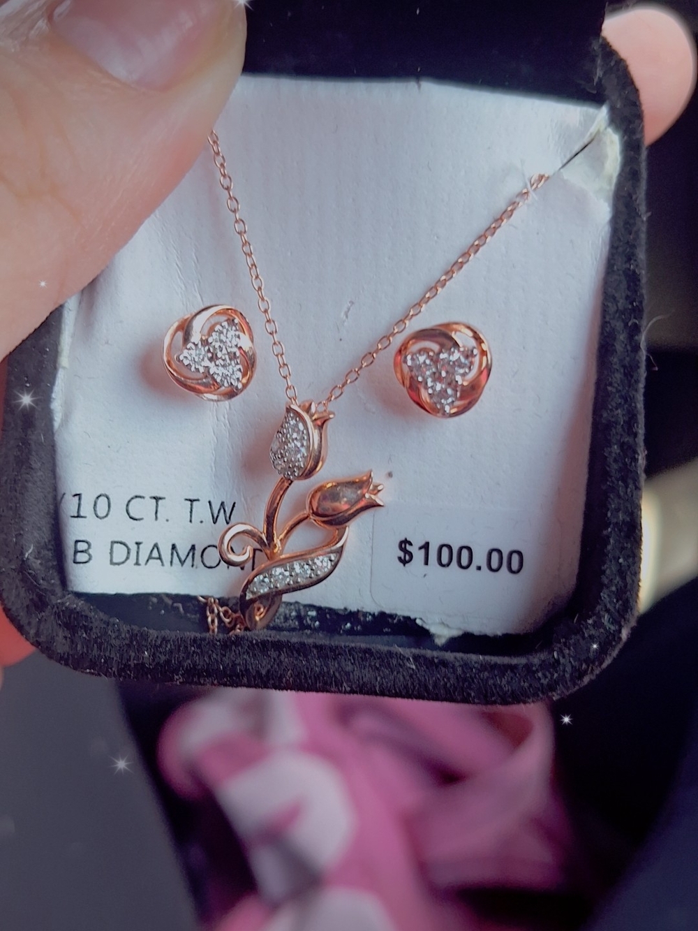 Rose Gold Floral Pendant Necklace and Stud Earrings Set